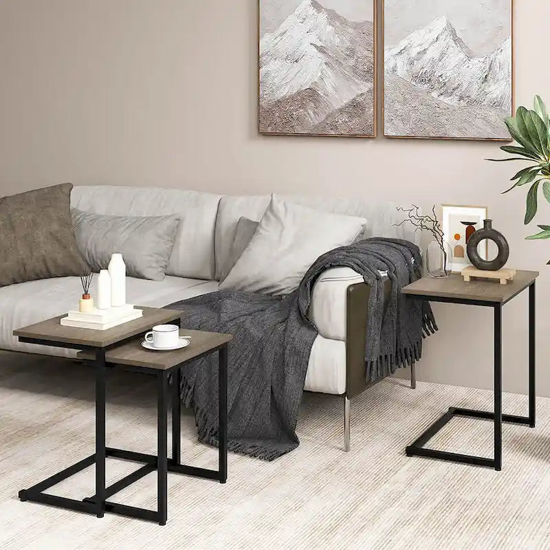 Lot de 3 tables d'appoint gigognes en forme de C, empilables, gris