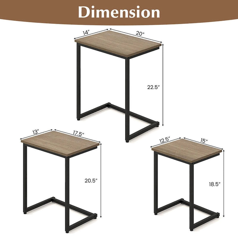 Lot de 3 tables d'appoint gigognes en forme de C, empilables, gris