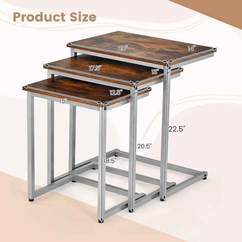 Lot de 3 tables d'appoint gigognes en forme de C, empilables, gris