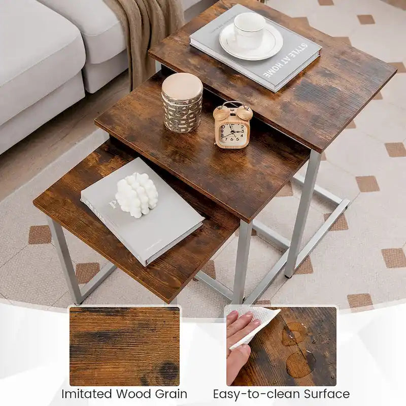 Lot de 3 tables d'appoint gigognes en forme de C, empilables, gris