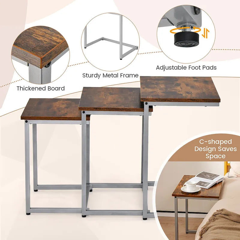 Lot de 3 tables d'appoint gigognes en forme de C, empilables, gris