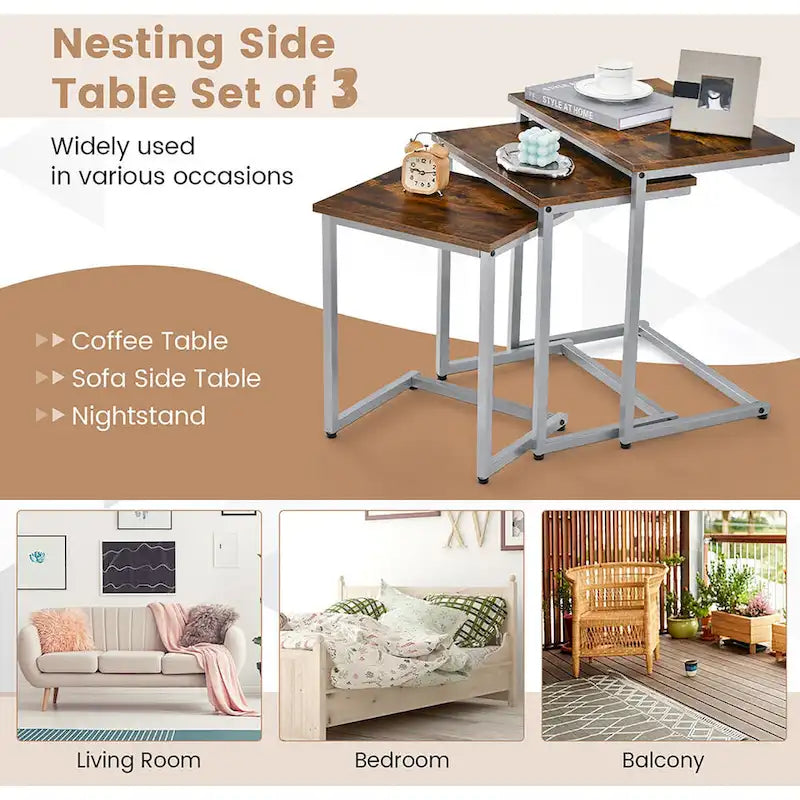Lot de 3 tables d'appoint gigognes en forme de C, empilables, gris