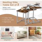 Lot de 3 tables d'appoint gigognes en forme de C, empilables, gris