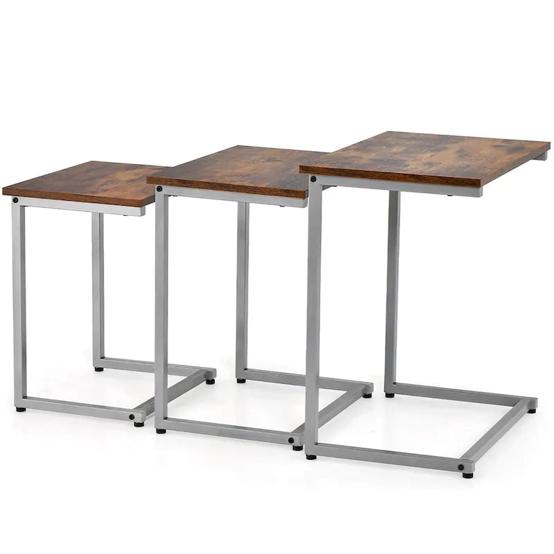 Lot de 3 tables d'appoint gigognes en forme de C, empilables, gris