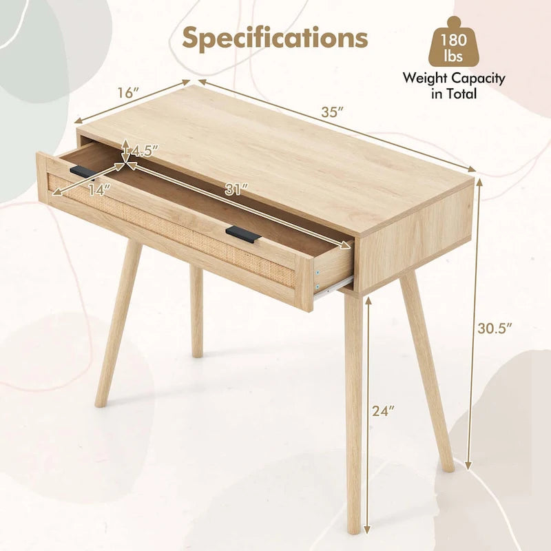 Console en rotin naturel avec tiroir coulissant, style bohème, 1 personne