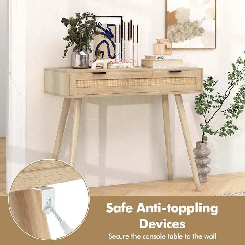 Console en rotin naturel avec tiroir coulissant, style bohème, 1 personne