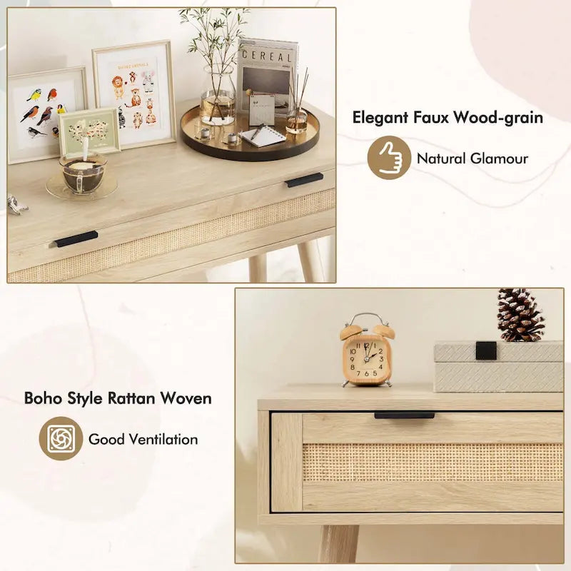 Console en rotin naturel avec tiroir coulissant, style bohème, 1 personne
