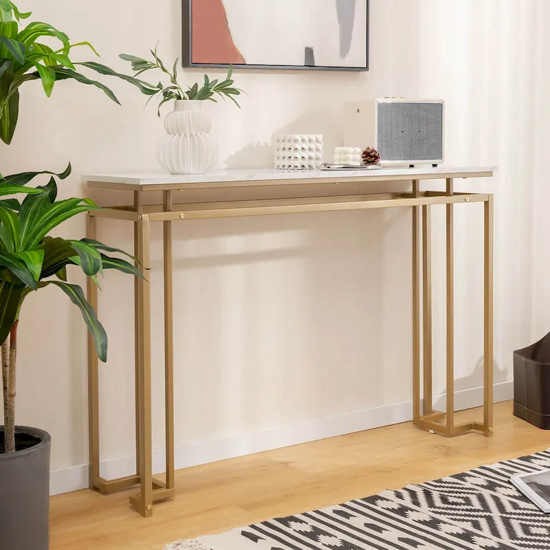 Table console imitation marbre blanc et or, assemblage par 1 personne