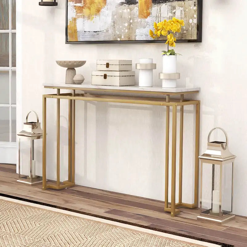 Table console imitation marbre blanc et or, assemblage par 1 personne