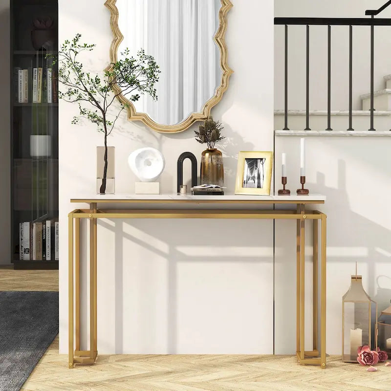 Table console imitation marbre blanc et or, assemblage par 1 personne