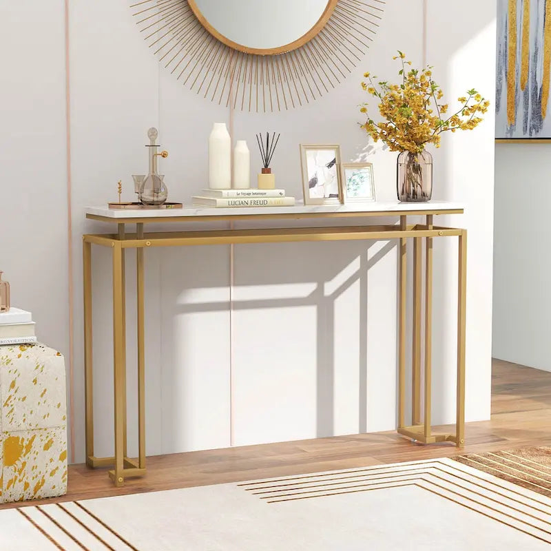 Table console imitation marbre blanc et or, assemblage par 1 personne