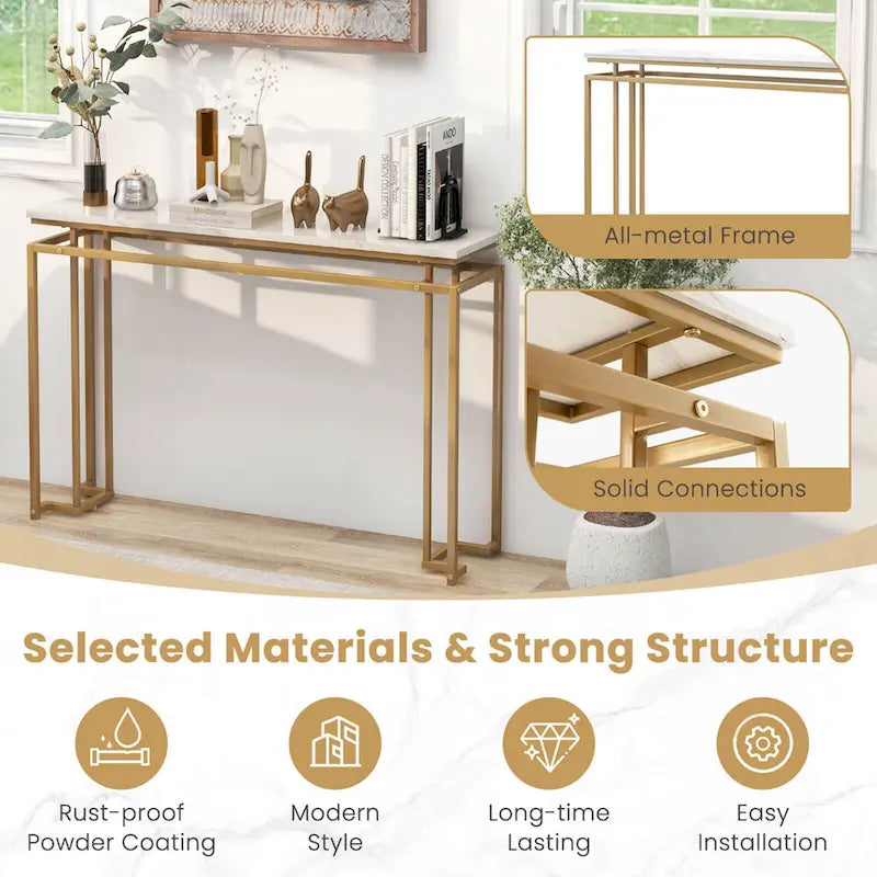 Table console imitation marbre blanc et or, assemblage par 1 personne