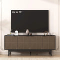 Meuble TV mi-siècle marron et noir avec portes, convient aux TV jusqu'à 75 pouces