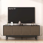 Meuble TV mi-siècle marron et noir avec portes, convient aux TV jusqu'à 75 pouces
