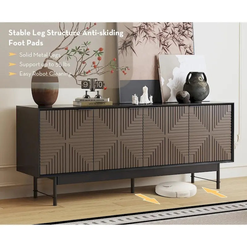 Meuble TV mi-siècle marron et noir avec portes, convient aux TV jusqu'à 75 pouces