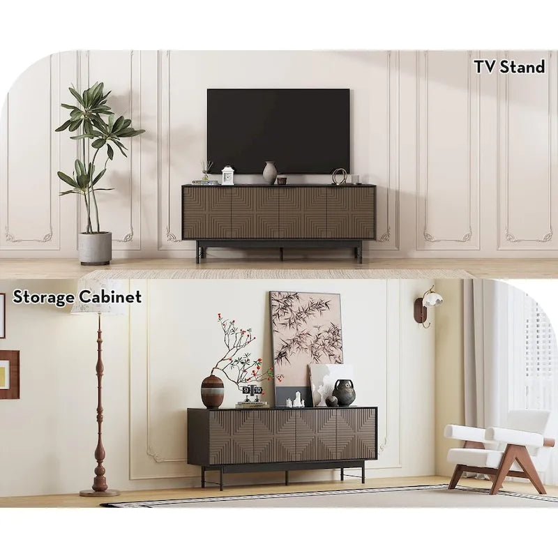Meuble TV mi-siècle marron et noir avec portes, convient aux TV jusqu'à 75 pouces