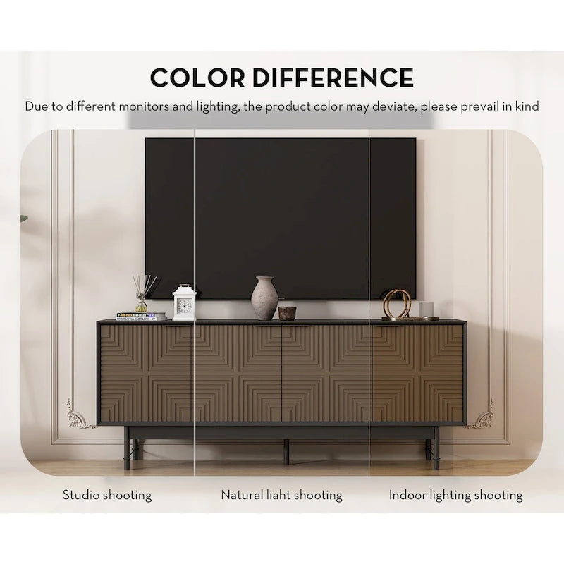 Meuble TV mi-siècle marron et noir avec portes, convient aux TV jusqu'à 75 pouces