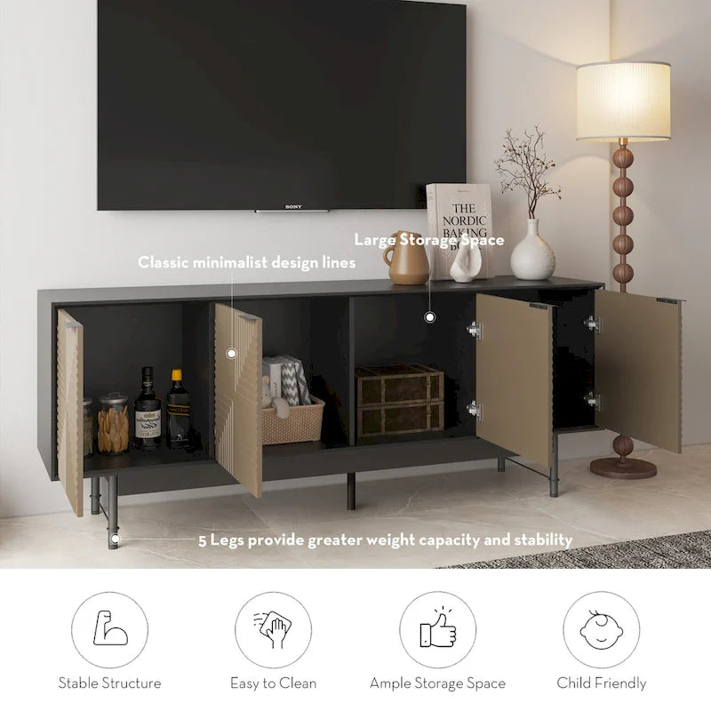 Meuble TV mi-siècle marron et noir avec portes, convient aux TV jusqu'à 75 pouces
