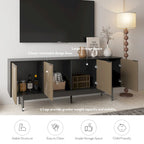 Meuble TV mi-siècle marron et noir avec portes, convient aux TV jusqu'à 75 pouces
