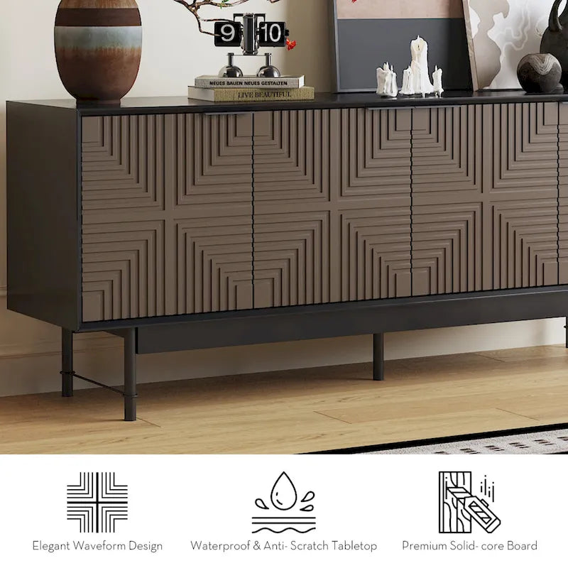 Meuble TV mi-siècle marron et noir avec portes, convient aux TV jusqu'à 75 pouces