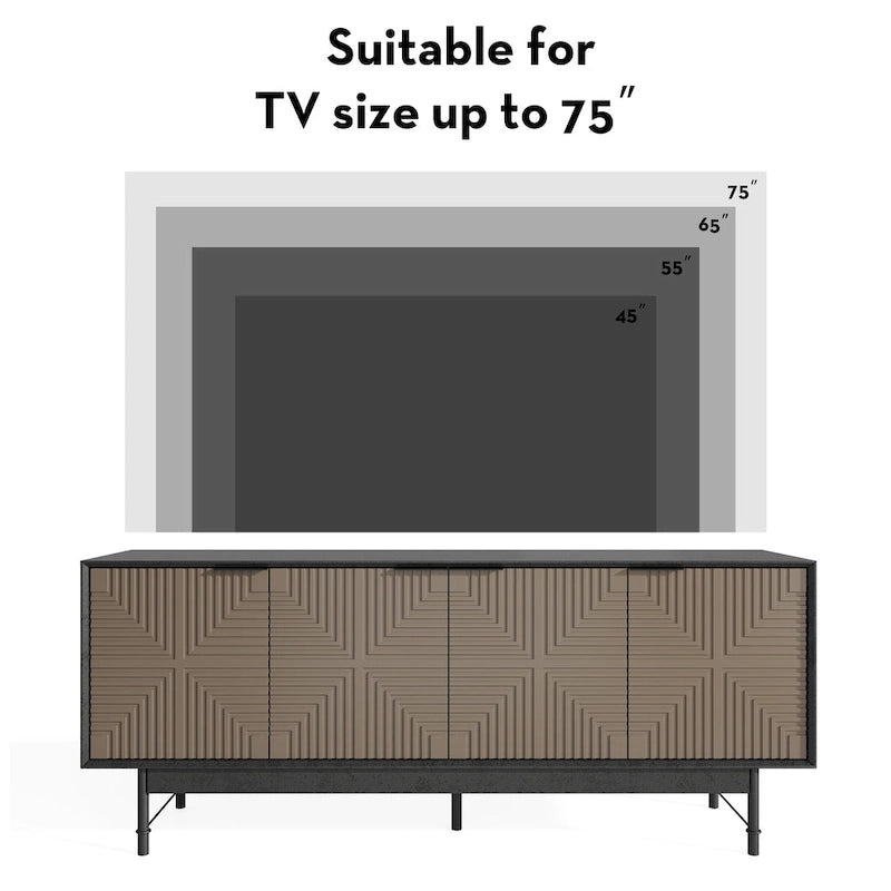 Meuble TV mi-siècle marron et noir avec portes, convient aux TV jusqu'à 75 pouces