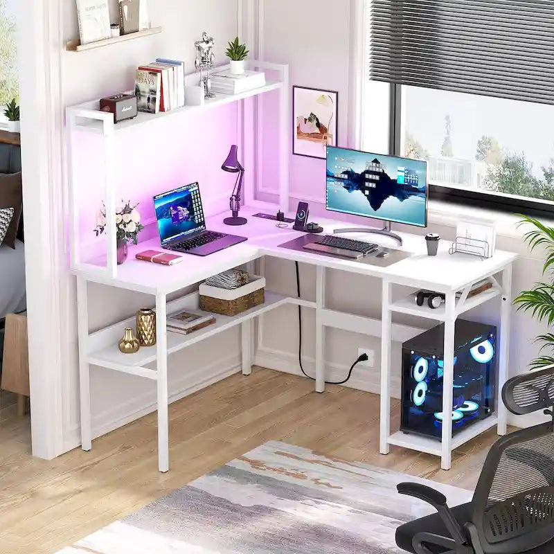 Bureau d'angle en L 1 personne avec huche, lumières LED et rangement, Chêne blanc/gris/marron rustique/noir