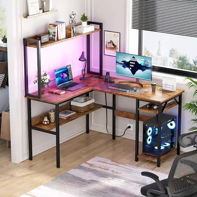 Bureau d'angle en L 1 personne avec huche, lumières LED et rangement, Chêne blanc/gris/marron rustique/noir