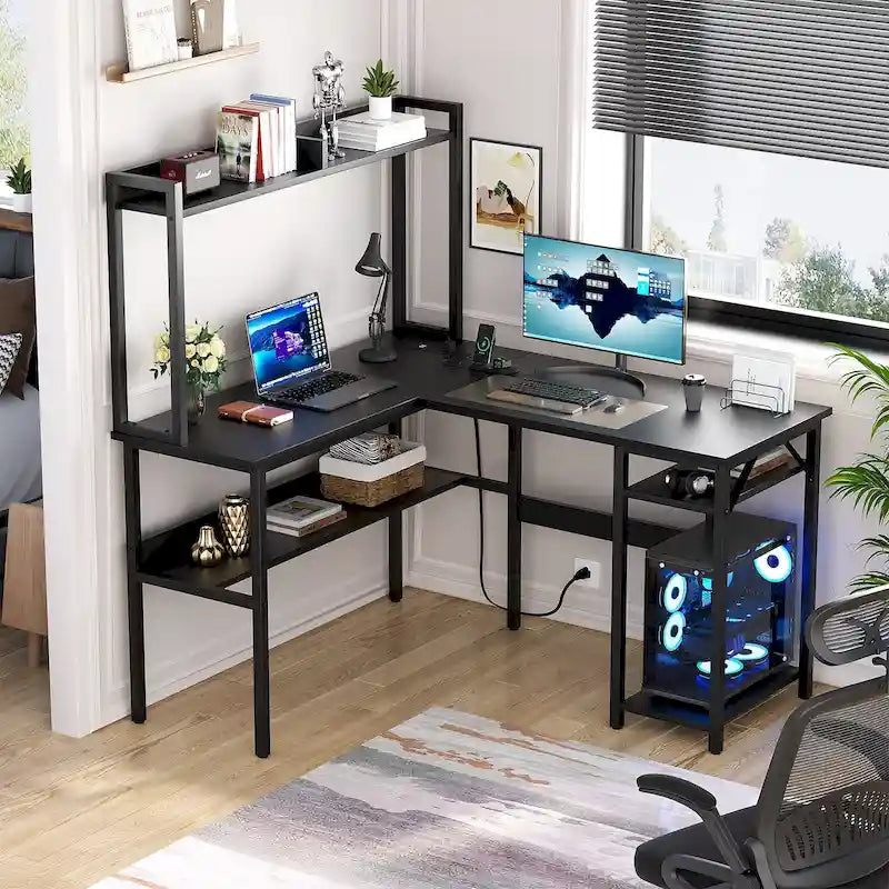 Bureau d'angle en L 1 personne avec huche, lumières LED et rangement, Chêne blanc/gris/marron rustique/noir