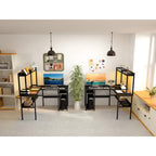 Bureau d'angle en L 1 personne avec huche, lumières LED et rangement, Chêne blanc/gris/marron rustique/noir