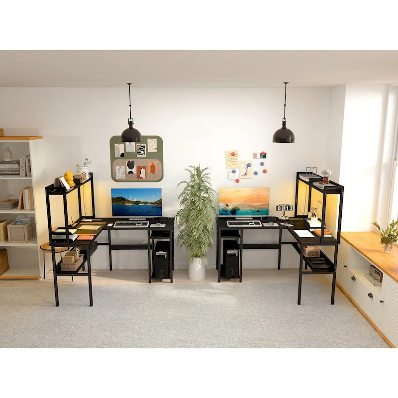 Bureau d'angle en L 1 personne avec huche, lumières LED et rangement, Chêne blanc/gris/marron rustique/noir