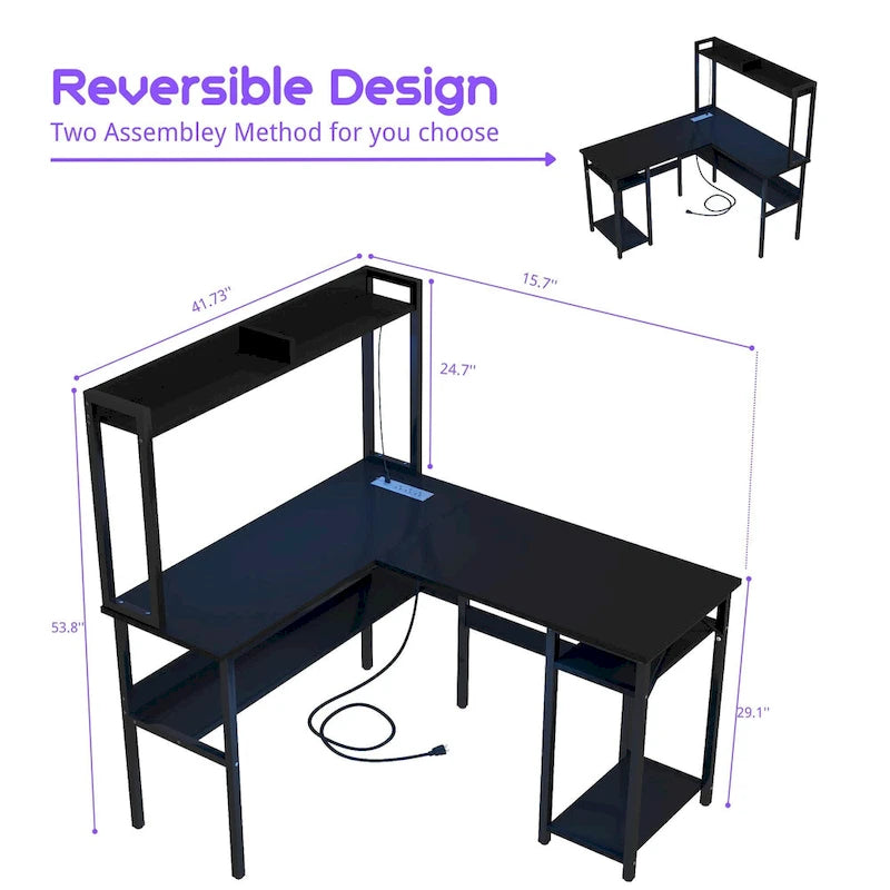 Bureau d'angle en L 1 personne avec huche, lumières LED et rangement, Chêne blanc/gris/marron rustique/noir