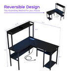 Bureau d'angle en L 1 personne avec huche, lumières LED et rangement, Chêne blanc/gris/marron rustique/noir