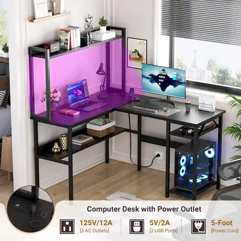 Bureau d'angle en L 1 personne avec huche, lumières LED et rangement, Chêne blanc/gris/marron rustique/noir