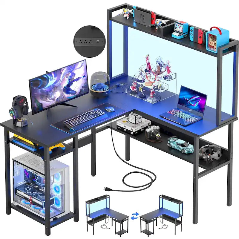 Bureau d'angle en L 1 personne avec huche, lumières LED et rangement, Chêne blanc/gris/marron rustique/noir