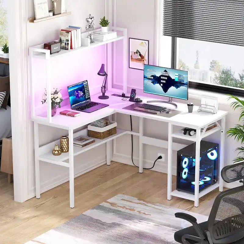 Bureau d'angle en L 1 personne avec huche, lumières LED et rangement, Chêne blanc/gris/marron rustique/noir