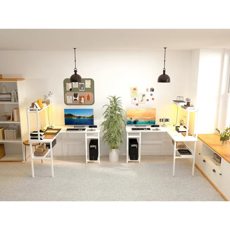 Bureau d'angle en L 1 personne avec huche, lumières LED et rangement, Chêne blanc/gris/marron rustique/noir