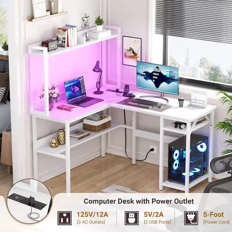 Bureau d'angle en L 1 personne avec huche, lumières LED et rangement, Chêne blanc/gris/marron rustique/noir