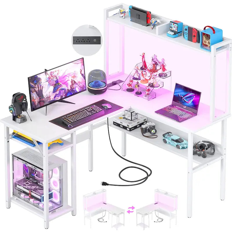 Bureau d'angle en L 1 personne avec huche, lumières LED et rangement, Chêne blanc/gris/marron rustique/noir
