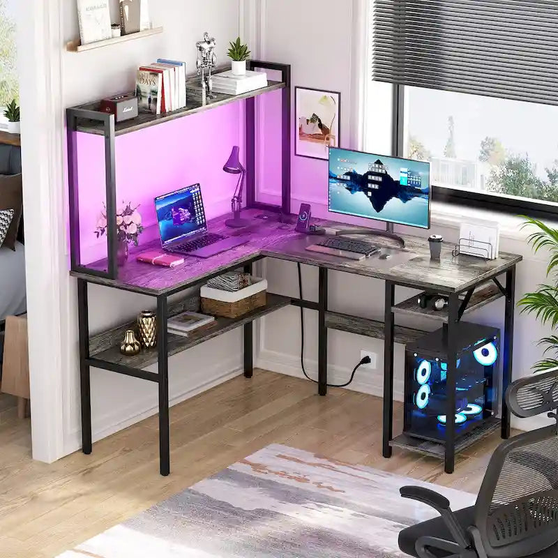 Bureau d'angle en L 1 personne avec huche, lumières LED et rangement, Chêne blanc/gris/marron rustique/noir