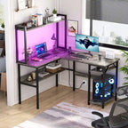 Bureau d'angle en L 1 personne avec huche, lumières LED et rangement, Chêne blanc/gris/marron rustique/noir