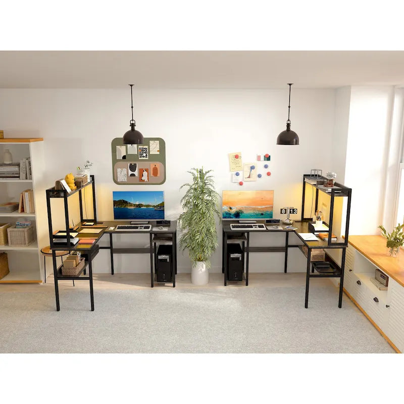 Bureau d'angle en L 1 personne avec huche, lumières LED et rangement, Chêne blanc/gris/marron rustique/noir