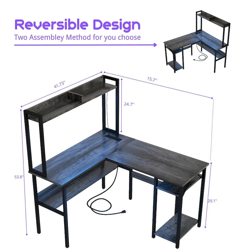 Bureau d'angle en L 1 personne avec huche, lumières LED et rangement, Chêne blanc/gris/marron rustique/noir