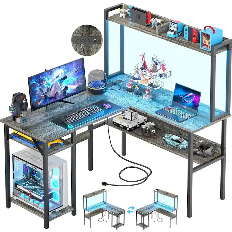Bureau d'angle en L 1 personne avec huche, lumières LED et rangement, Chêne blanc/gris/marron rustique/noir