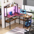 Bureau d'angle en L 1 personne avec huche, lumières LED et rangement, Chêne blanc/gris/marron rustique/noir
