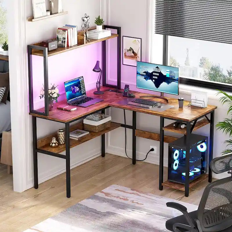 Bureau d'angle en L 1 personne avec huche, lumières LED et rangement, Chêne blanc/gris/marron rustique/noir