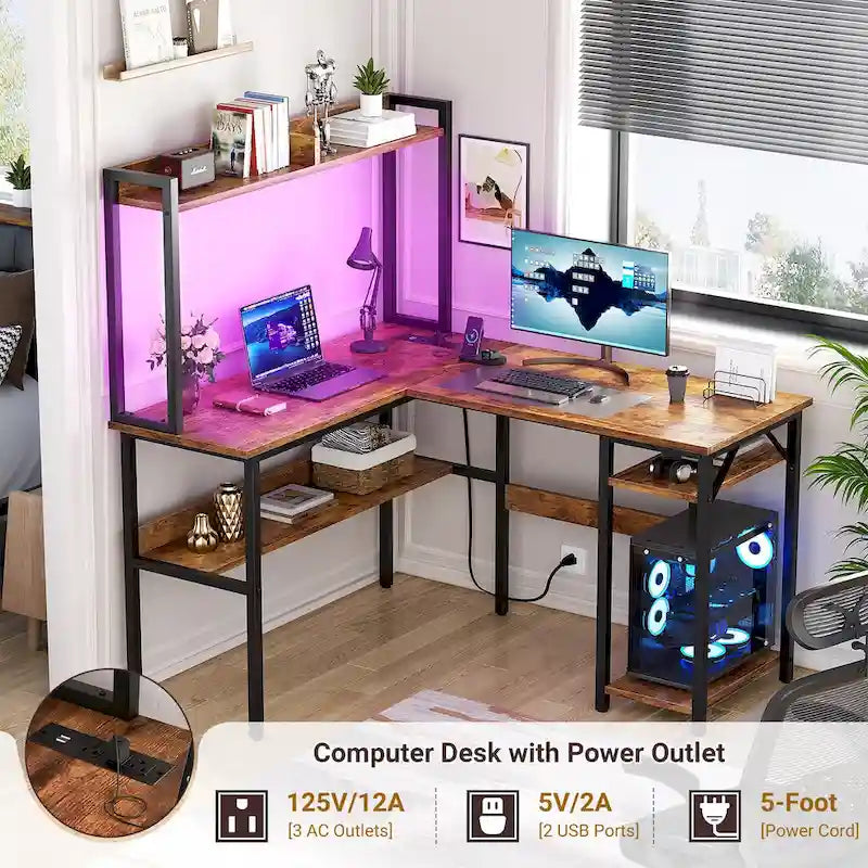 Bureau d'angle en L 1 personne avec huche, lumières LED et rangement, Chêne blanc/gris/marron rustique/noir