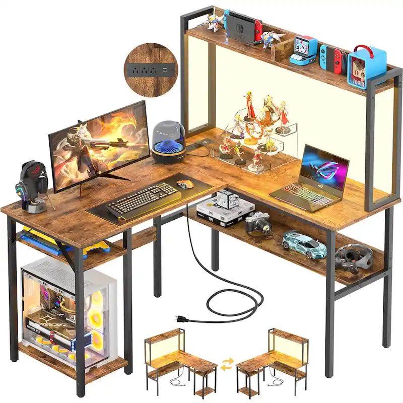 Bureau d'angle en L 1 personne avec huche, lumières LED et rangement, Chêne blanc/gris/marron rustique/noir