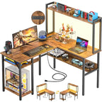Bureau d'angle en L 1 personne avec huche, lumières LED et rangement, Chêne blanc/gris/marron rustique/noir