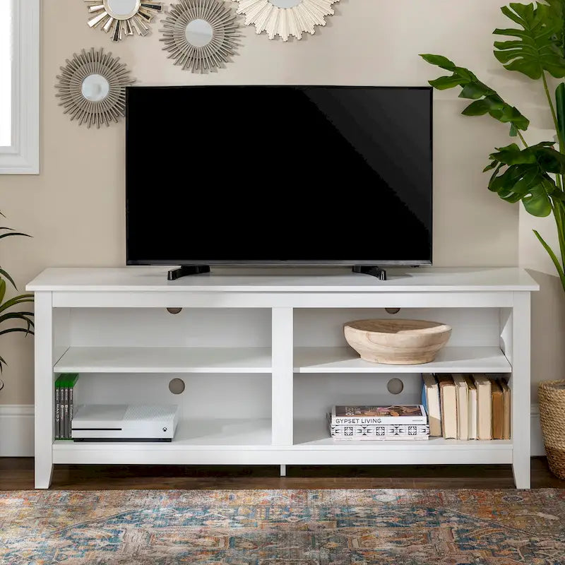 Meuble TV moderne de 58 po – Noyer foncé / Chêne blanc / Multicolore, étagère ouverte, pour 1 TV