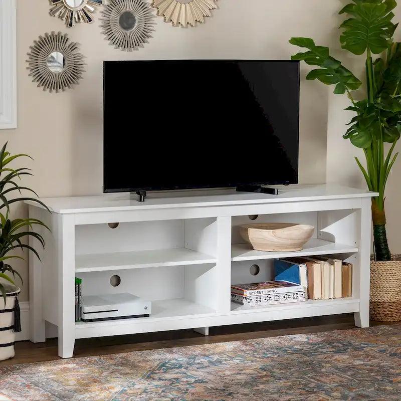 Meuble TV moderne de 58 po – Noyer foncé / Chêne blanc / Multicolore, étagère ouverte, pour 1 TV